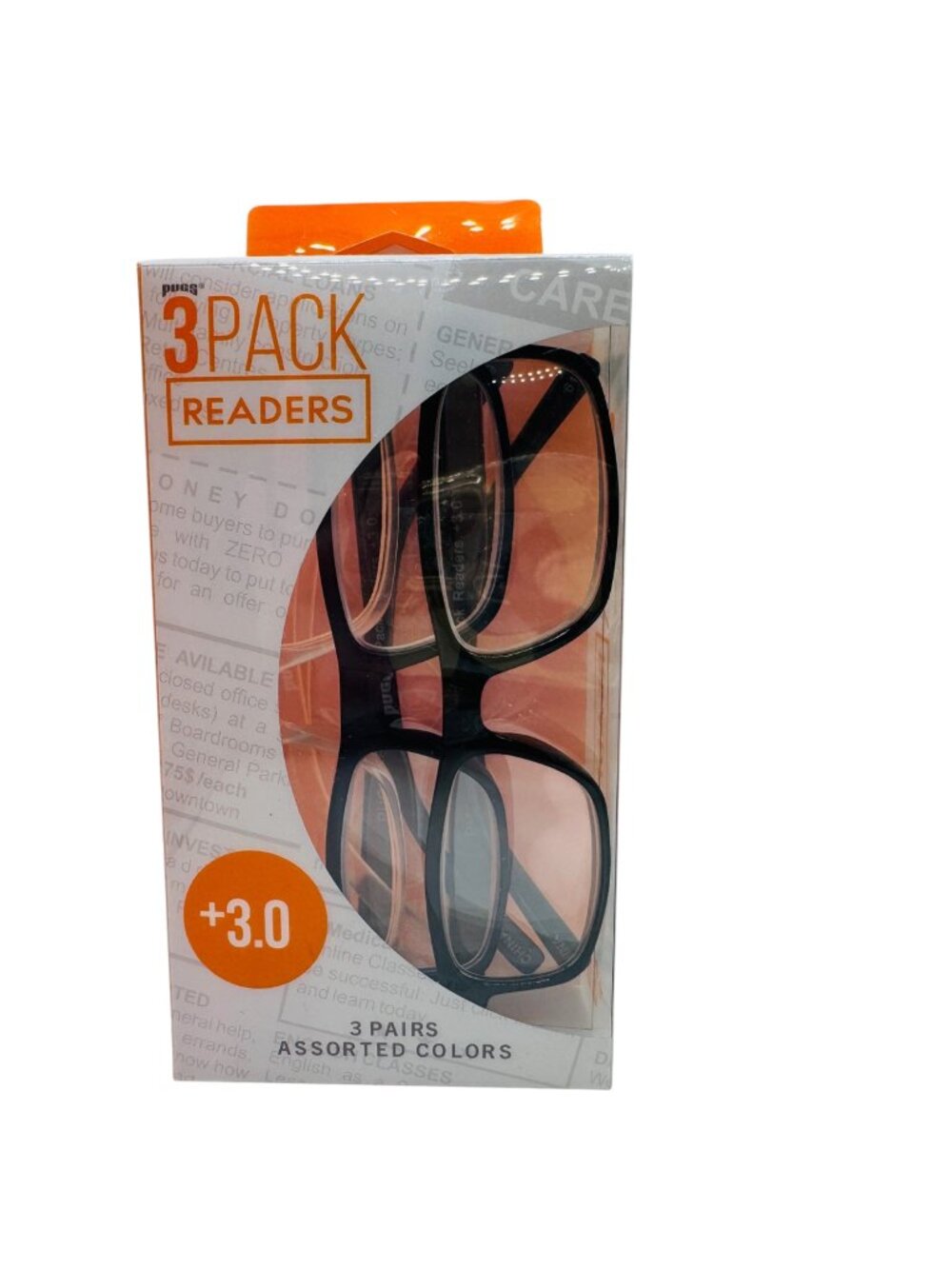 Pugs 3-Pack Reading Glasses +3.0 Assorted Colors With Spring Hinges For Men & Wo